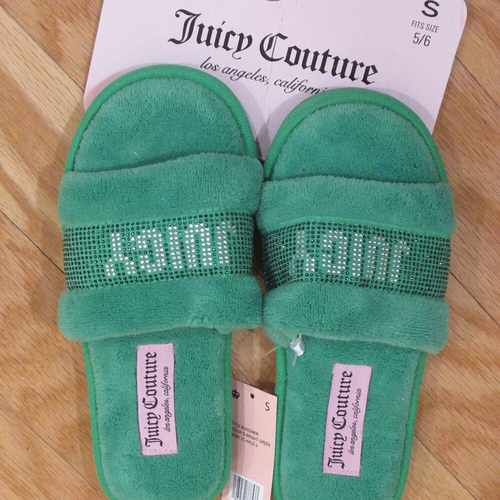 Juicy Couture Womens Soft Plush Comfy Slippers Green 5/6 ~BRAND NEW WITH TAG~